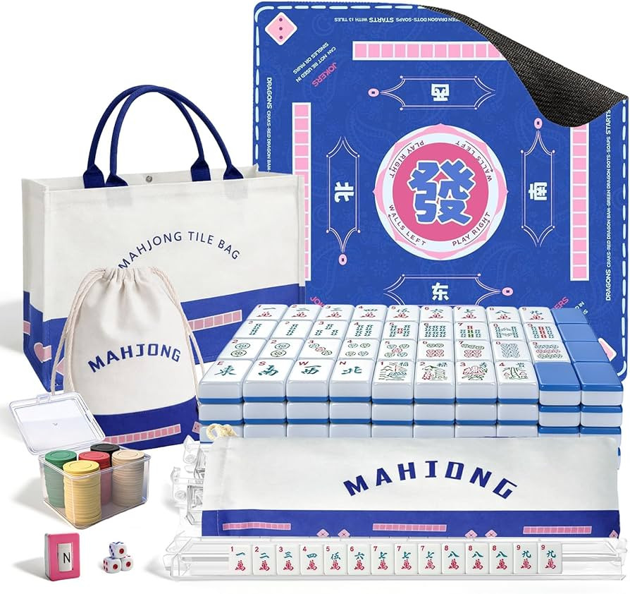 American Mahjong Tiles Set with Noise Reducing Mahjong Mat, 166 Blue Mahjong Game with Portable S... | Amazon (US)