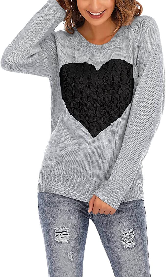 Cogild Women's Pullover Sweater Long Sleeve Crewneck Jumper Cable Knit Heart Cute Sweater Tops | Amazon (US)