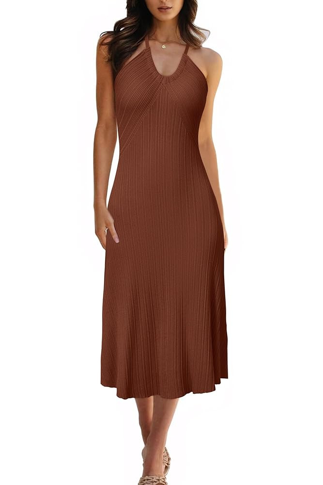 Arach&Cloz Women's Knit Adjustable Halter V Neck Summer Vacation Dress 2025 | Amazon (US)