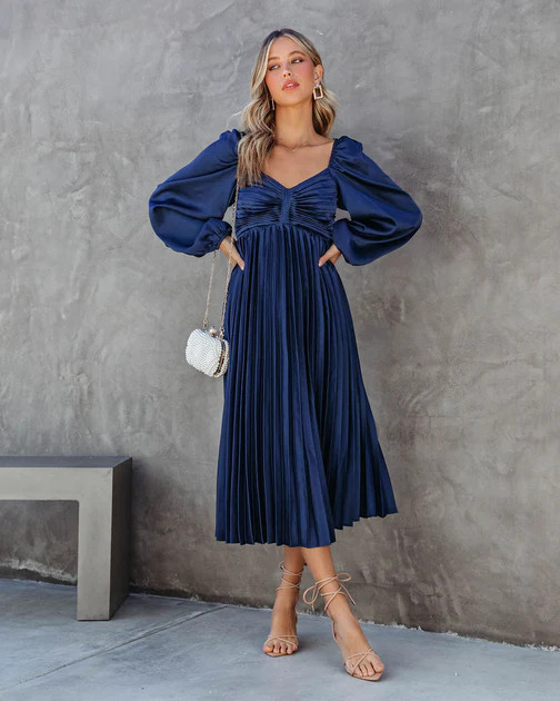 Romantic One Satin Pleated Midi Dress - Navy | VICI