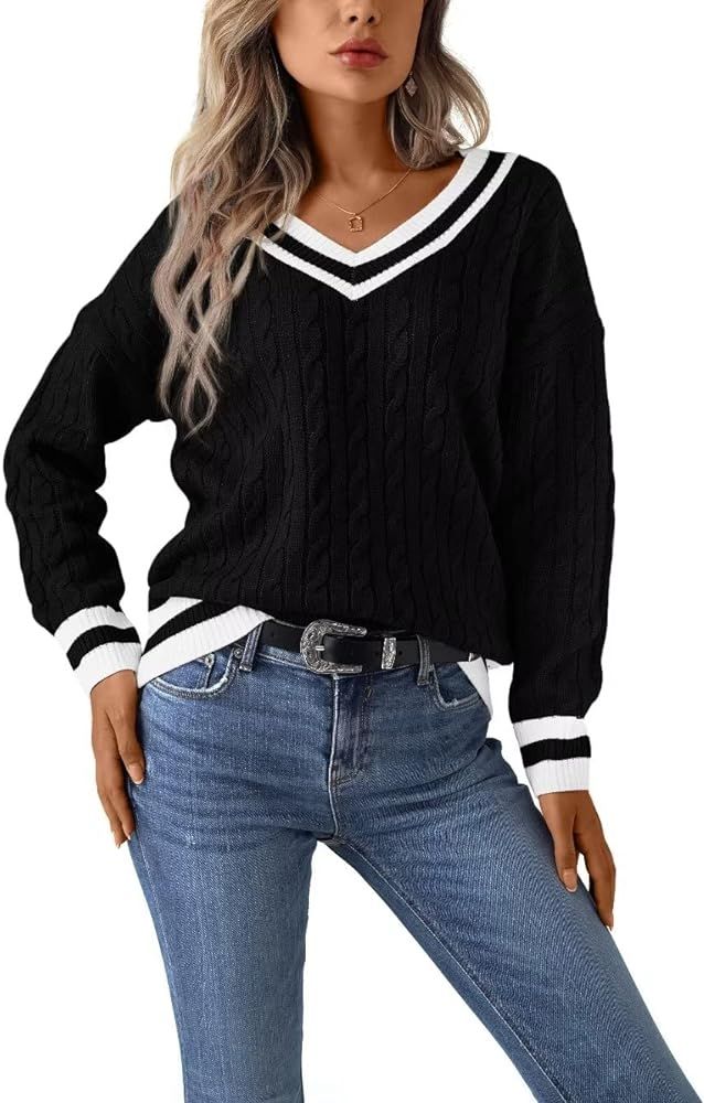 Jollycode Women's V Neck Cable Knit Sweaters Long Sleeve Oversized Chunky Pullover Casual Striped... | Amazon (US)
