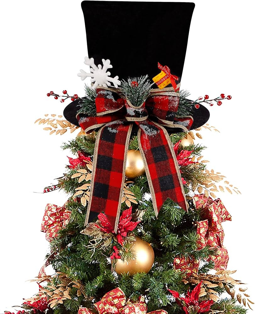 yofit Christmas Tree Topper Hat, Black Velvet Hat with Red Buffalo Plaid Bow Red Berry Snowflake,... | Amazon (US)