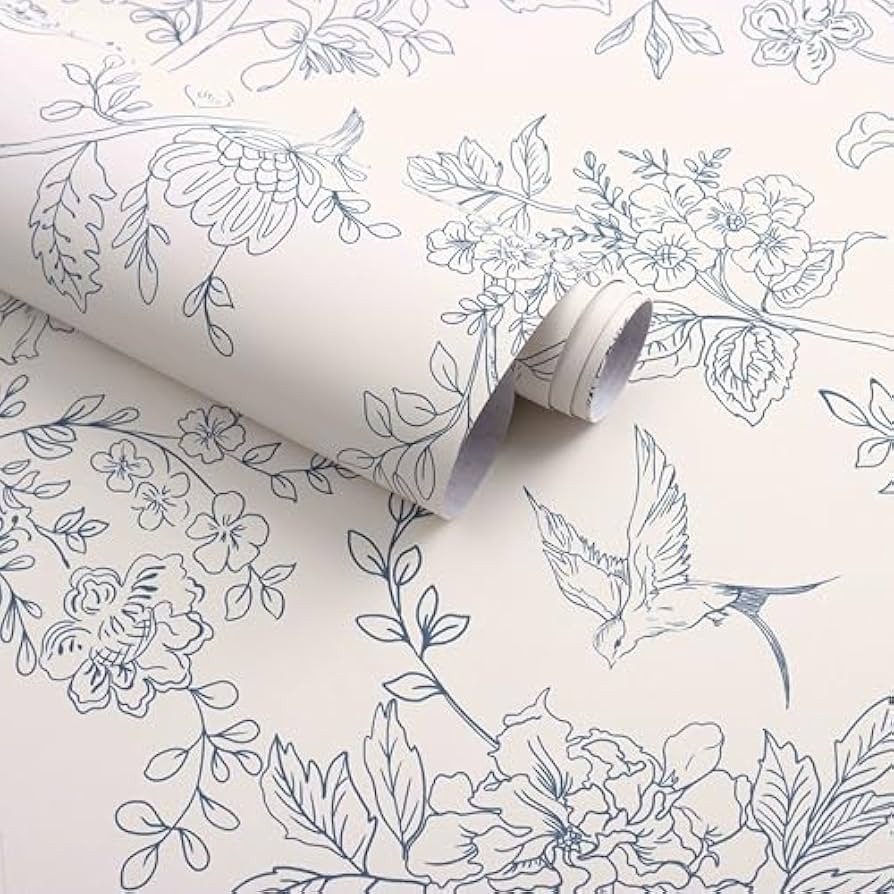Cream White and Blue Floral Wallpaper Peel and Stick Wallpaper 17.7"x590.5" Vintage Floral Peel a... | Amazon (US)