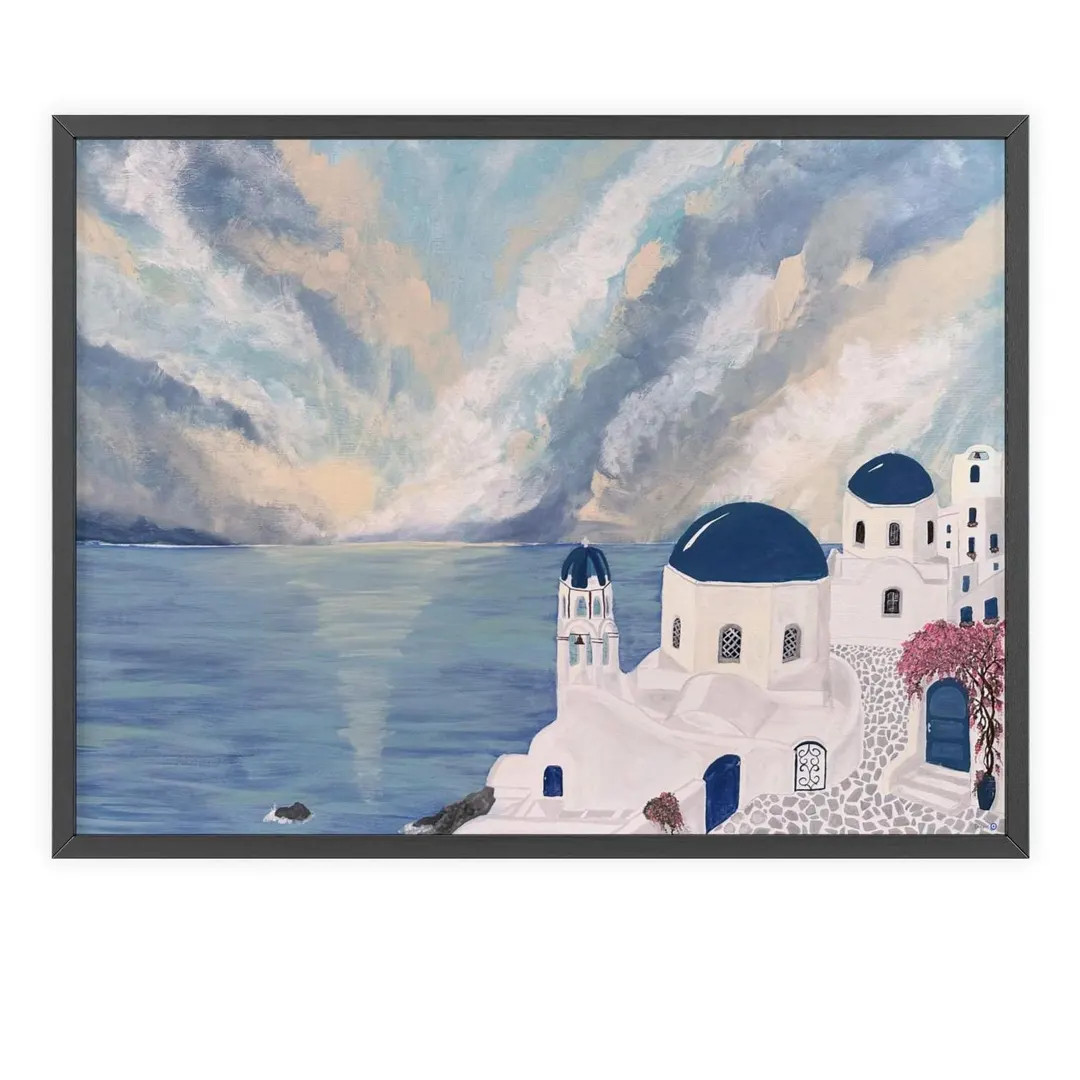 Framed Poster Prints, Santorini Greece Blue Domes Abstract Art, Wooden Frame Wall Art, Home Decor... | Etsy (US)