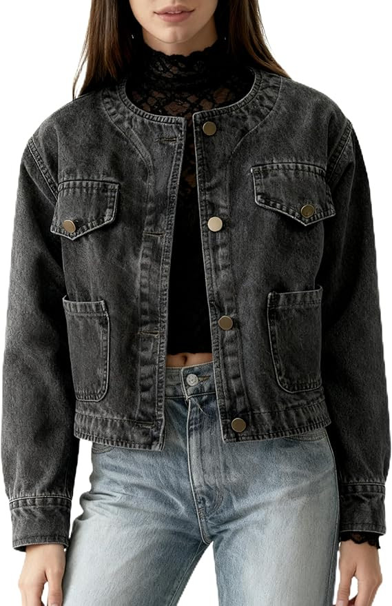 Omoone Cropped Jean Jacket Women Long Sleeve Collarless Western Short Blue Denim Grey Crop Jacket... | Amazon (US)