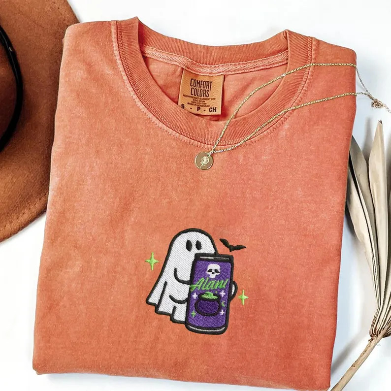 Embroidered Spooky Ghost Halloween Comfort Colors Shirt, Ghost With Energy Drink Fall Tee, Spooky... | Etsy (US)