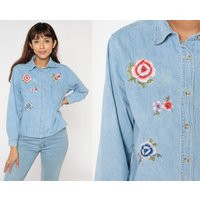 Floral Denim Shirt 90S Embroidered Button Up Jean Gardening Collared Blouse Blue Top Long Sleeve Flower Garden Vintage 1990S Medium M | Etsy (US)