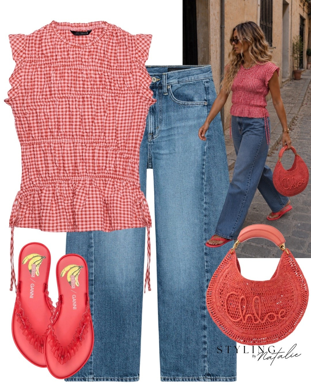Rid gingham shirred top, dark denim wide legged jeans, red sandals and Chloe bag. 
Summer outfit, flip flops, casual outfit, elevated casual @Zara

#LTKFashionMonth #LTKuk #LTKsummer