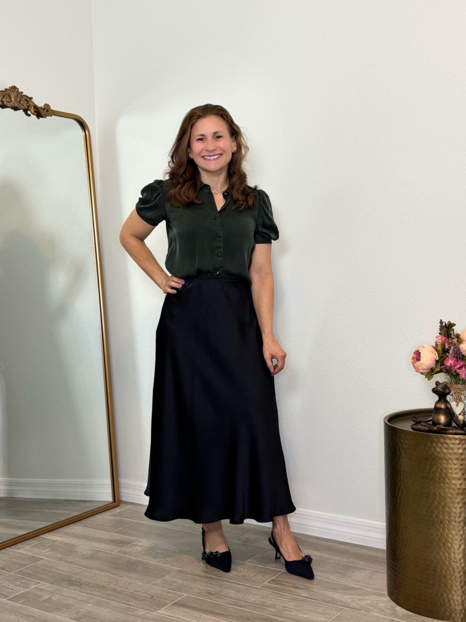 Green and navy blue pairing is my new favorite combo! Maxi skirt for petites with a beautiful flow and adjustable sleeve blouse for wider arms

#LTKOver40 #LTKWorkwear #LTKPetite