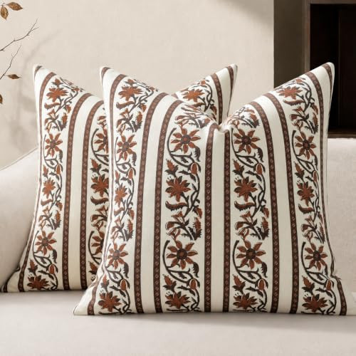 YCOLL Autumn Cushion Covers 45x45 cm Set of 2, Vintage Botanical Vine Floral Decorative Covers, Country Farmhouse Autumn Decorations for Sofa Living Room Bedroom, Terracotta Brown Autumn Decor | Amazon (UK)