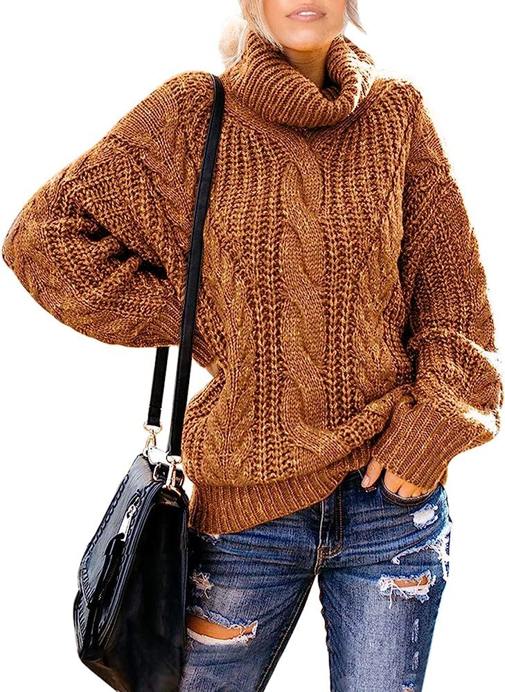 Chase Secret Womens Turtle Cowl Neck Solid Color Soft Comfy Cable Knit Pullover Sweaters S-2XL | Amazon (US)