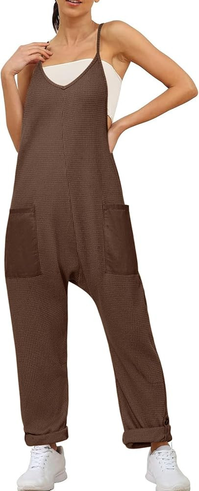 Glamaker Women's Casual Waffle Knit Jumpsuit Loose Spaghetti Strap Overalls Jumpsuits Baggy Sleev... | Amazon (US)
