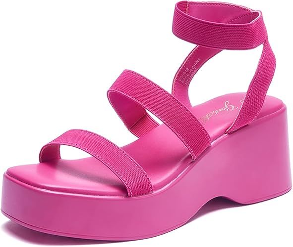GENSHUO Women's Platform Open Toe Ankle Strap Casual Elastic Strap Flatform Wedge Sandals | Amazon (US)