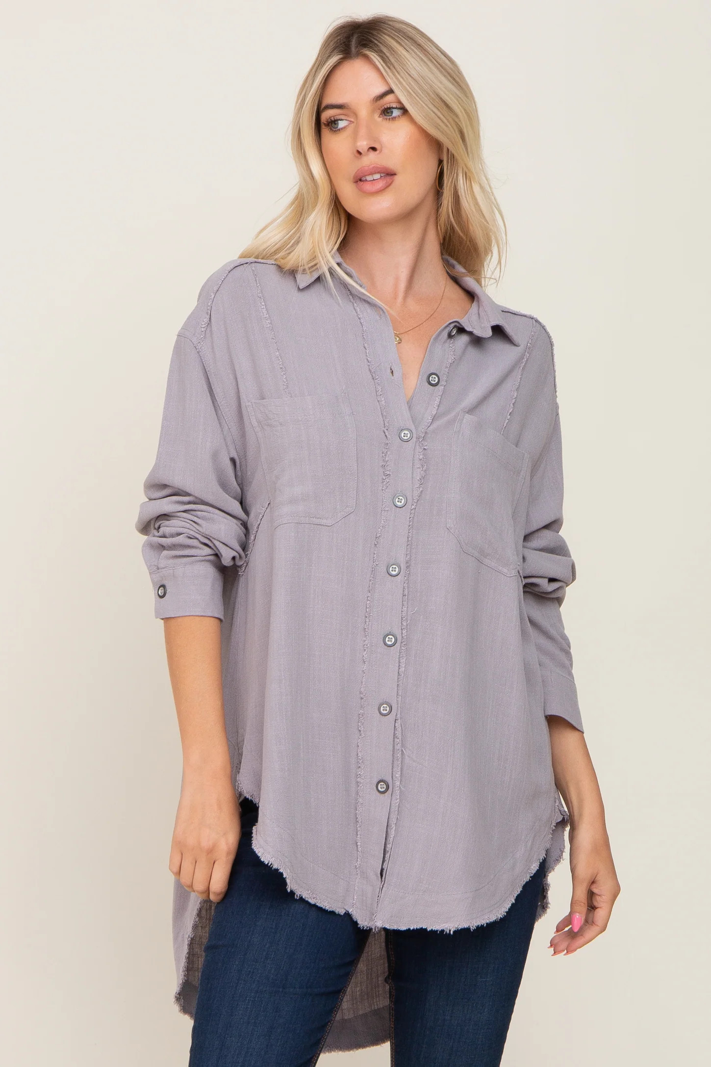 Grey Linen Fringe Button Down Top | PinkBlush Maternity