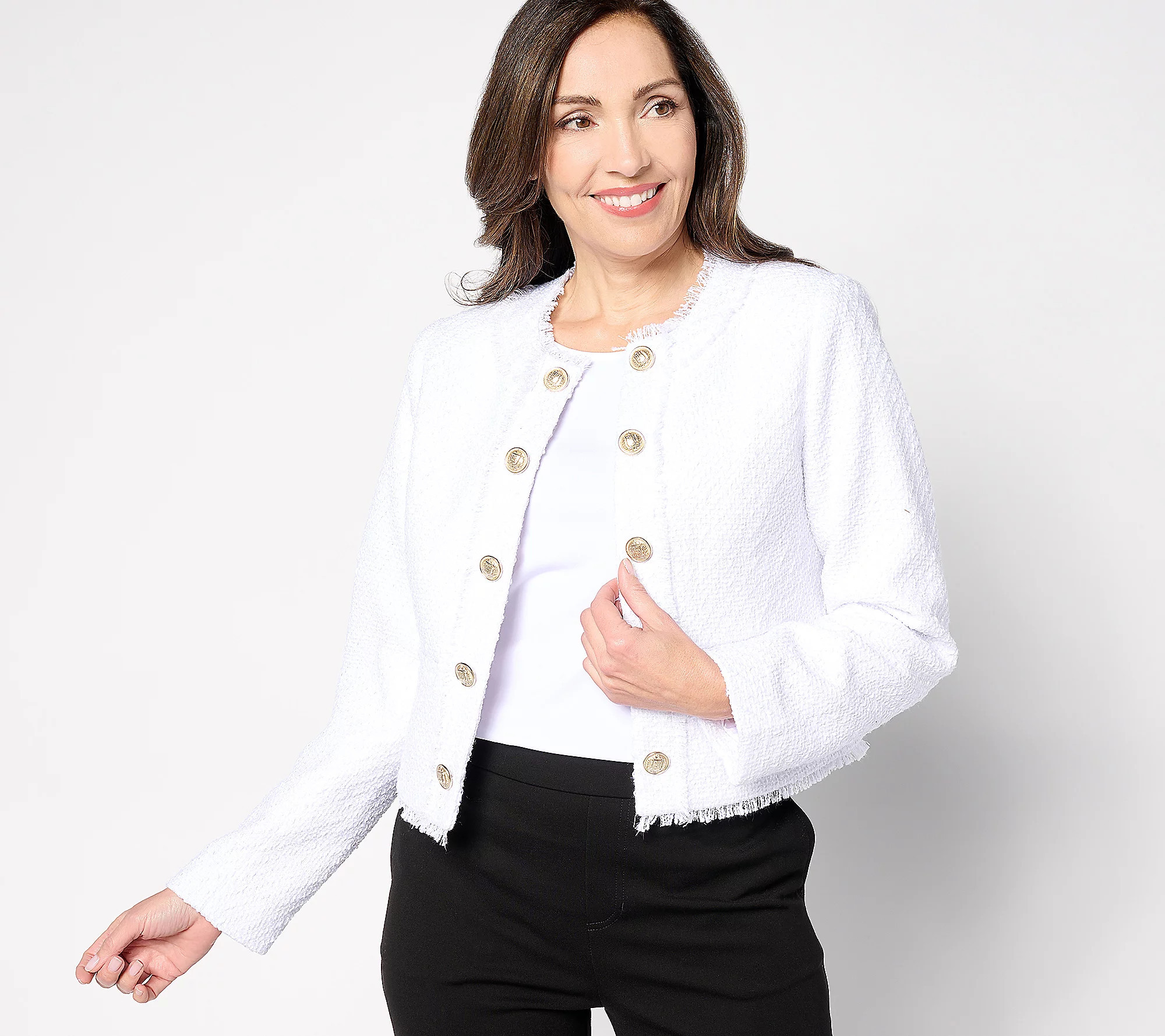 GRAVER Susan Graver Cropped Tweed Blazer with Fringe | QVC