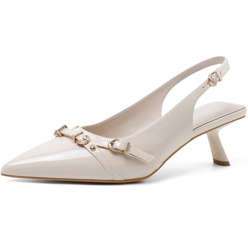 Mostrin Beige Slingback Kitten Heels Pointed Toe Pumps Patent Leather Low Heel Dress Shoes for Dating Party Working Size 7.5 | Amazon (US)