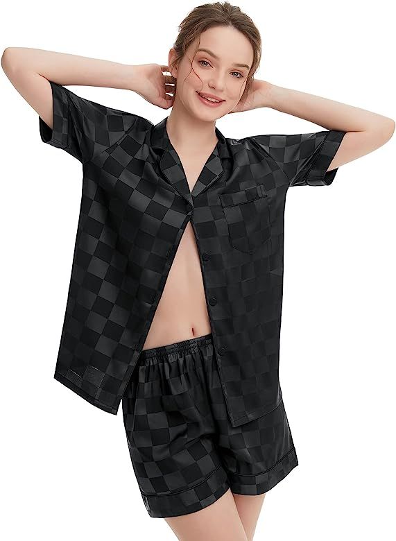 SWOMOG Women's Silk Satin Pajamas Set Short Sleeve Sleepwear Button Down Loungewear Checker Top a... | Amazon (US)