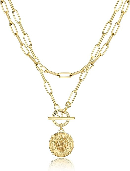 Gold Layered Necklaces for Women, 14K Gold Plated Vintage Evil Eye Queen Elizabeth Bee Sun and Mo... | Amazon (US)