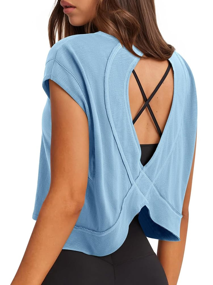 LASLULU Womens Open Back Workout Tops Short Sleeve Athletic Top Sleeveless Oversized Wrap Crop Ta... | Amazon (US)