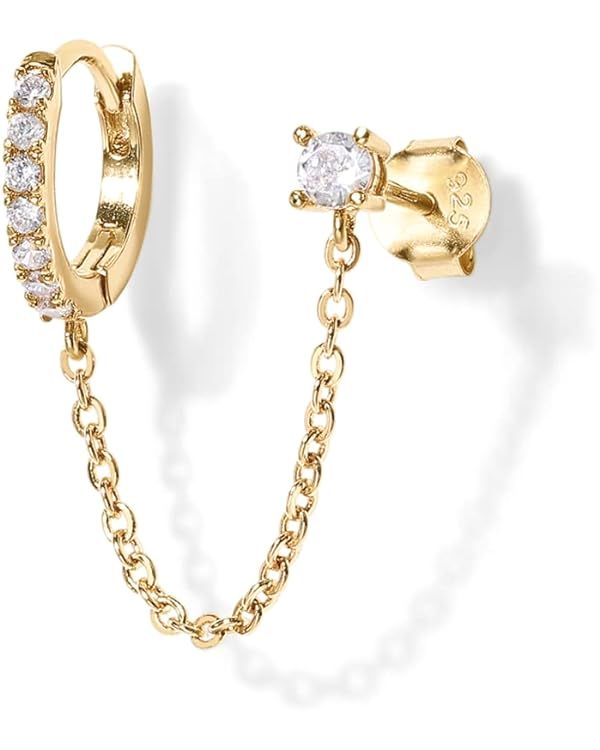 PAVOI 14K Gold Chain Earrings for Women | Double Piercing Dangle Chain Huggie Hoop Earrings | Cub... | Amazon (US)