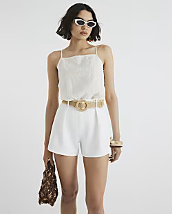 White Structured Raffia Belted Shorts | River Island UK & IE