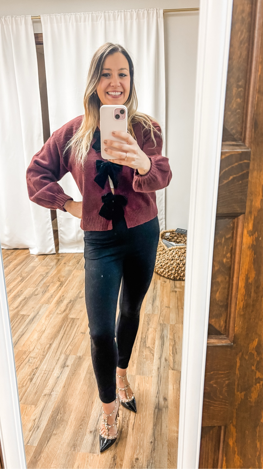 I can’t decide if I love this burgundy bow cardigan better with these skinny black work pants (that feel like pajamas!) or my black skirt - either way if will be on repeat this fall.

It’s perfect for dressing up or down and very warm for chilly days. Add this to your holiday wardrobe NOW! 🎀 Everything tagged is exact match.

#LTKSeasonal #LTKStyleTip #LTKWorkwear