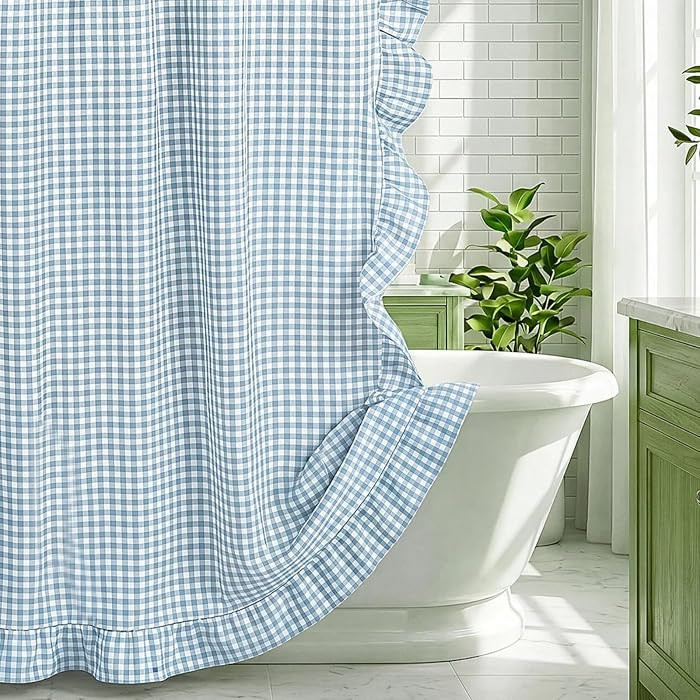 HunnmingRe Ruffled Gingham Shower Curtain Light Blue | Amazon (US)