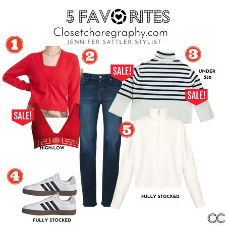 My 5 FAVORITES THIS WEEK

Include a high low mix from Versace and Target. The best straight leg jeans for casual boots, the softest sweatshirt, adidas sneakers, and a striped sweater under $50. 