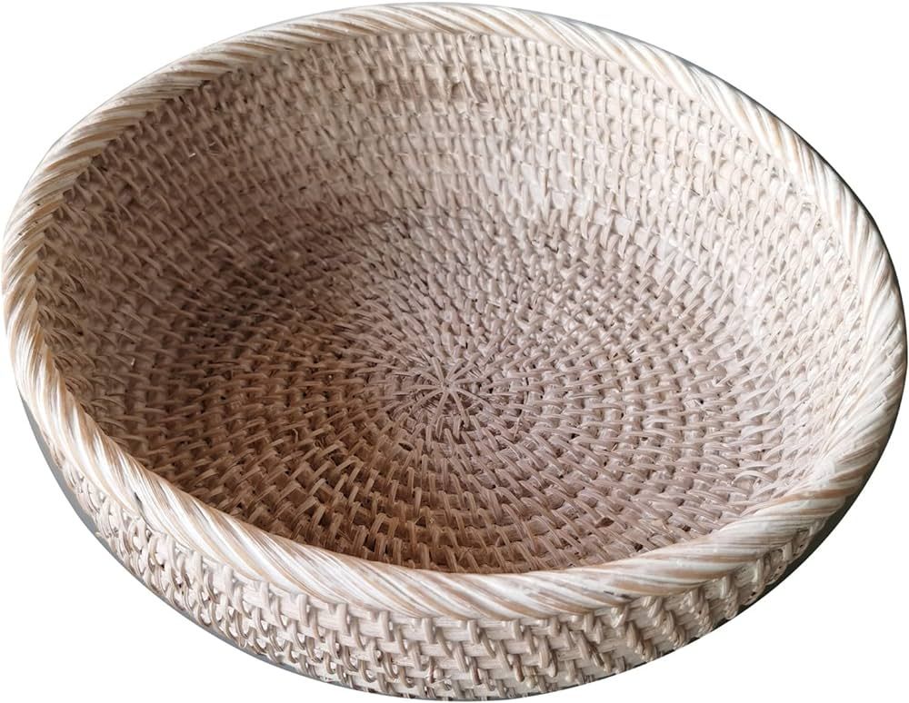 amololo Wash White Round Rattan Bowl Basket,White Decorative Handmade Wicker Basket Bowl with Dee... | Amazon (US)