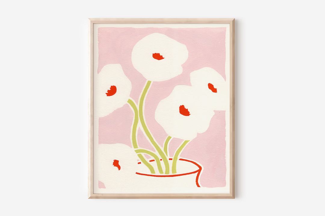 Abstract Poppies in Vase Print, Pink Floral Bouquet Art, Vintage Poppies Art, Unframed Print, Min... | Etsy (US)