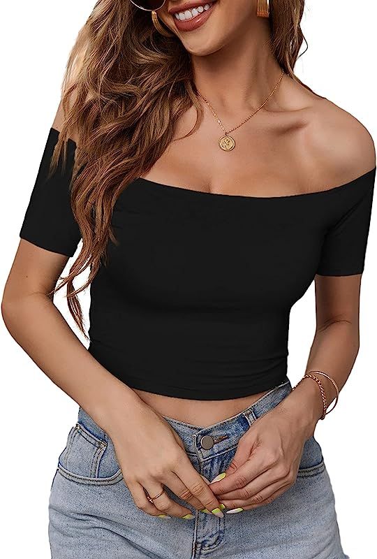 HUHOT Womens Basic Short Sleeve Vogue Fitted Off The Shoulder Cute Crop Tops | Amazon (US)