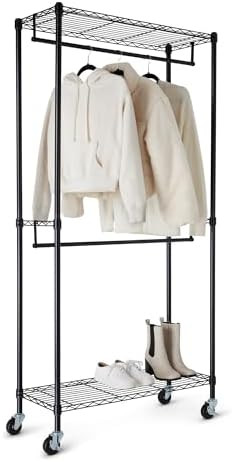 Amazon Basics Adjustable, Double Hanging Rod Garment Rolling Closet Organizer Rack with Wheels, H... | Amazon (US)