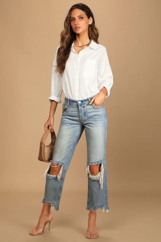 Maggie Faded Blue Distressed Mid Rise Straight Leg Cropped Jeans | Lulus (US)