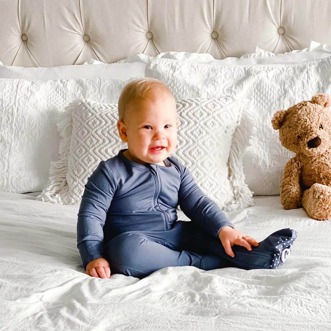 Solid Dusty Blue Bamboo Zipper Footie* | Caden Lane