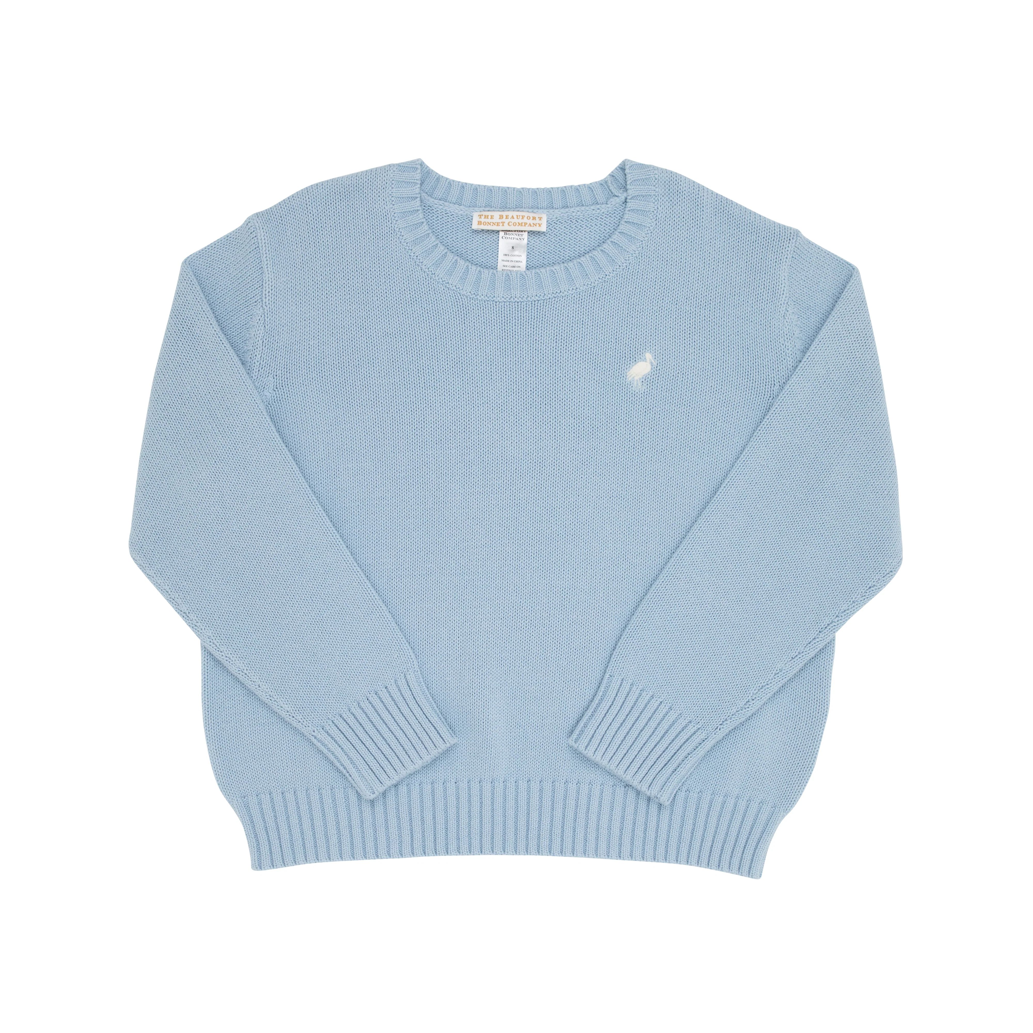 Isaac's Sweater (Unisex) - Barrington Blue with Palmetto Pearl Stork | The Beaufort Bonnet Company