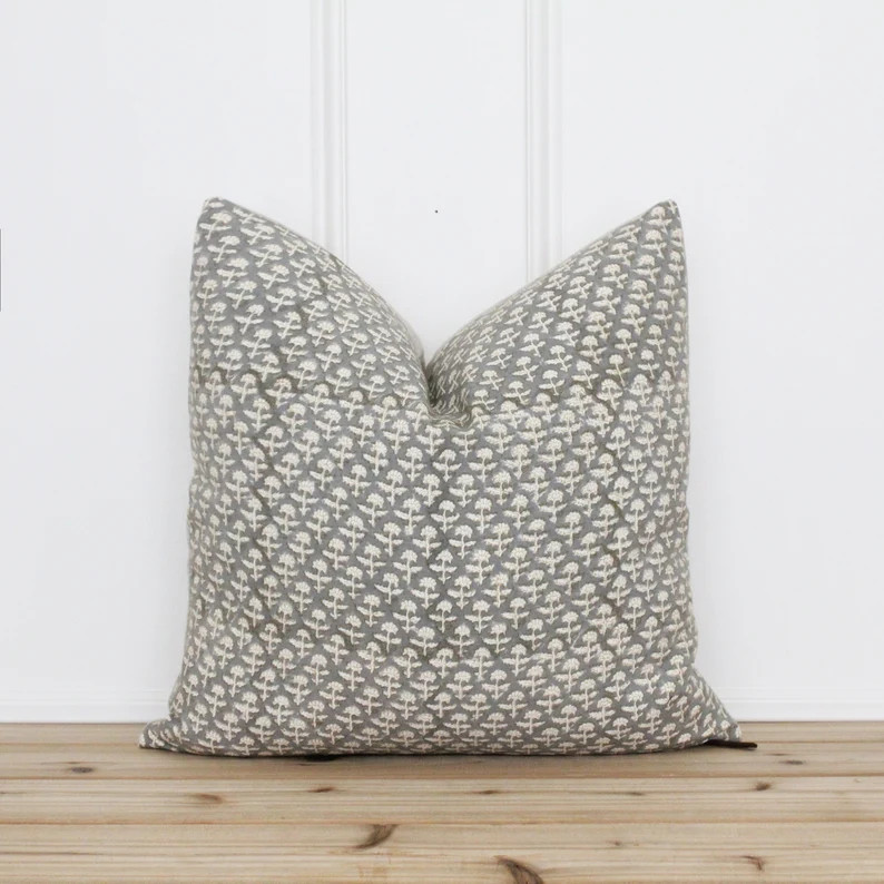 Gray Floral Hand Block Printed Pillow Cover | Indian Block Print Pillow Cover | Fall Designer Pil... | Etsy (US)