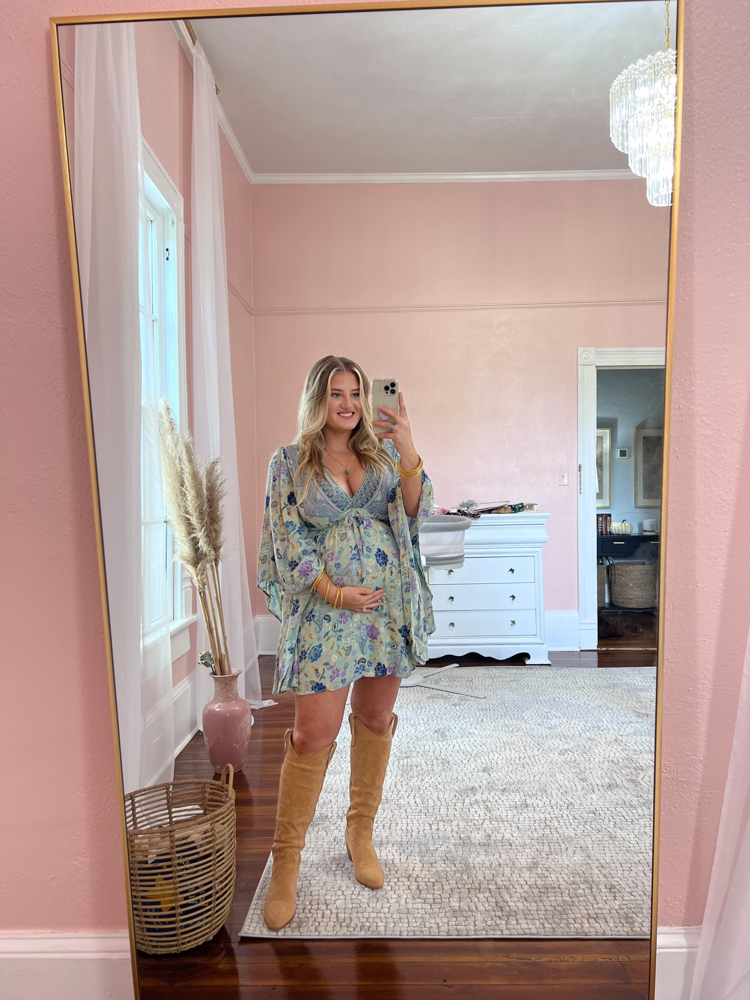 Amazon fall suede cowgirl boots fall outfit Buddha bracelet bangle dupe maternity outfit baby nursery