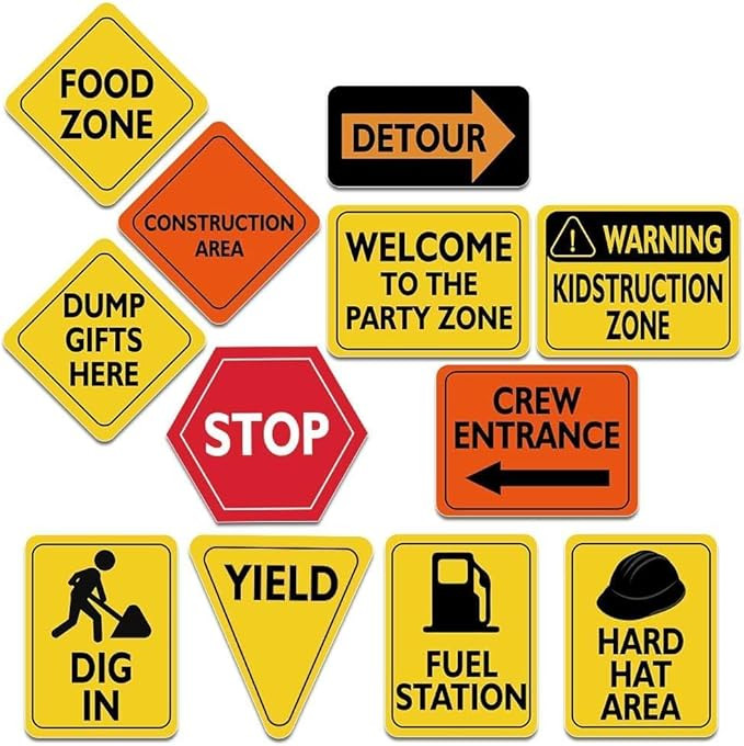 WERNNSAI 12PCS Construction Party Decorations Truck Wall Decor Road Signs | Under Construction Bi... | Amazon (US)