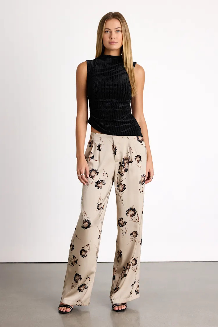 Marela Beige Floral Satin Low-Rise Straight Leg Trousers | Lulus