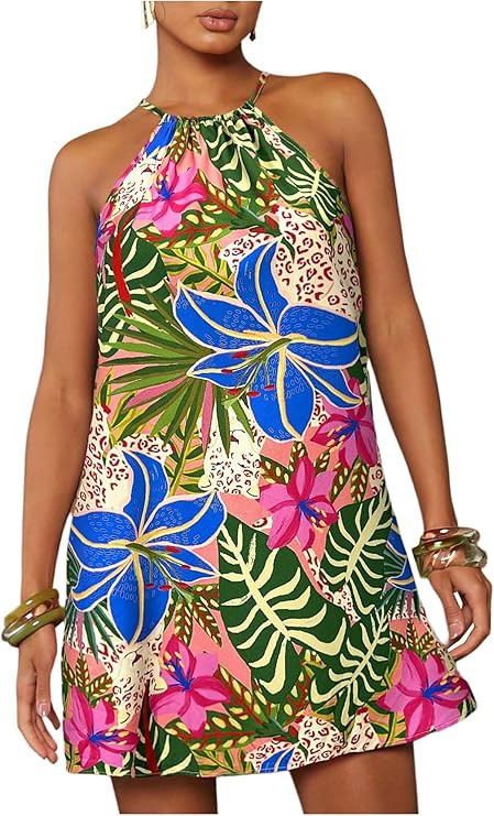 SweatyRocks Women's Tropical Print Halter Dresses Sleeveless Holiday Summer Mini Dress | Amazon (US)