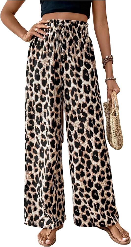 SHENHE Women's Leopard Print Wide Leg Palazzo Pants High Paperbag Waist Cheetah Trousers | Amazon (US)