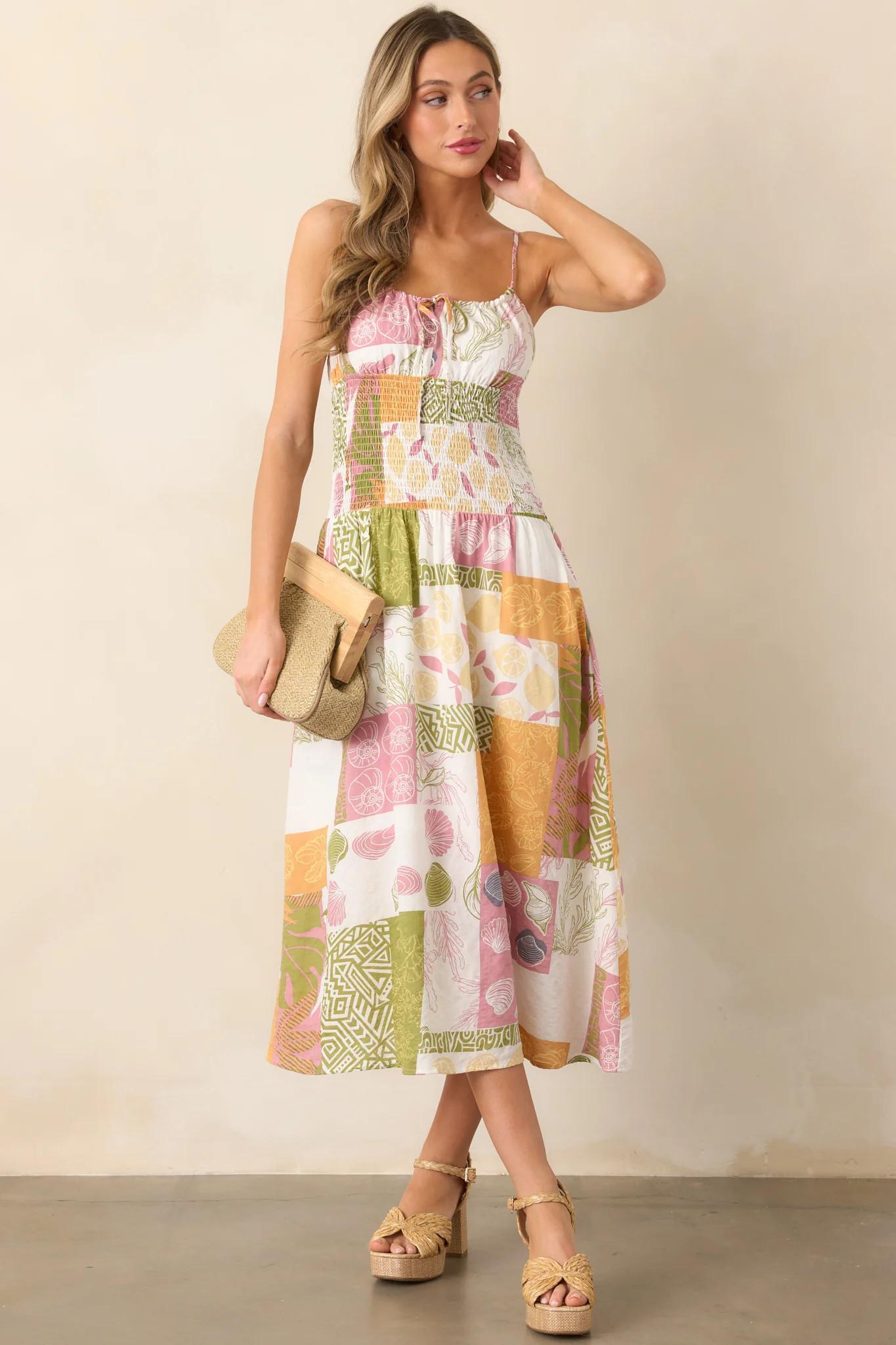 Off To The Market Ivory Patchwork Print Midi Dress | Red Dress