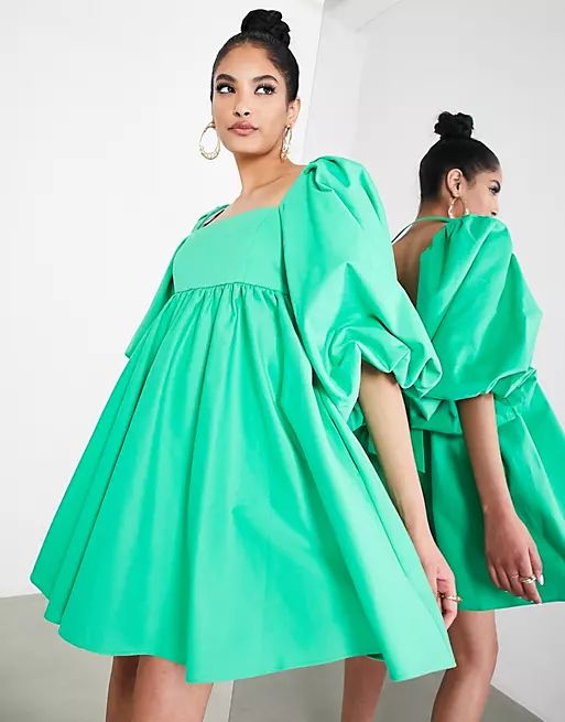 ASOS EDITION square neck empire mini dress in cotton twill in bright green | ASOS (Global)