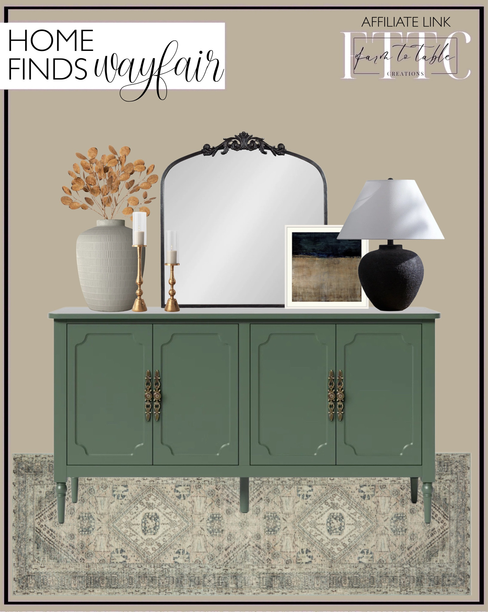 Wayfair Home Finds. Follow @farmtotablecreations on Instagram for more inspiration.

Magnolia Home By Joanna Gaines X Loloi Sinclair Machine Washable Natural / Sage Area Rug. Collynns 58" W Sideboard Cabinet with Adjustable Shelves and 4 Doors. Anglo Metal Flat Wall Mirror. Kimona Ceramic Table Vase. Hive Resin Table Lamp. Aluminum Tabletop Hurricane. Floris " Pompeian Teal " by Liz Jardine Framed Art. Mcneely Linaria Arrangement. 

Living Room | Bedroom Furniture | nightstands | Home Decor| Fireplace Decor | Spring Refresh |  Bedroom Finds | Neutral Stems | Spring Stems | Bookshelf Decor | Bedroom Space | Cozy Corner | Bathroom | Curated Entryway | Spring  Decor | End of Year Clearance | Trending Decor | Viral Decor | Amazon Holiday | Bedroom corner | Coffee Table Decor | Neutral Decor | Fall Stem Sale | Target Finds | Skinny Bench | Bedroom | Living Room | Breakfast Nook | Amazon Home | Target Sale | Loloi Rugs | Magnolia Home | console table | console table styling | faux stems | entryway space | front porch decor | neutral decor | entryway decor | cozy home | affordable decor |  home decor | home inspiration | console styling | entryway rug | cozy moody home | moody home decor | neutral home | bathroom decor | living room | spring decor | Hearth & Hand | Studio McGee


#LTKSaleAlert #LTKFindsUnder50 #LTKHome