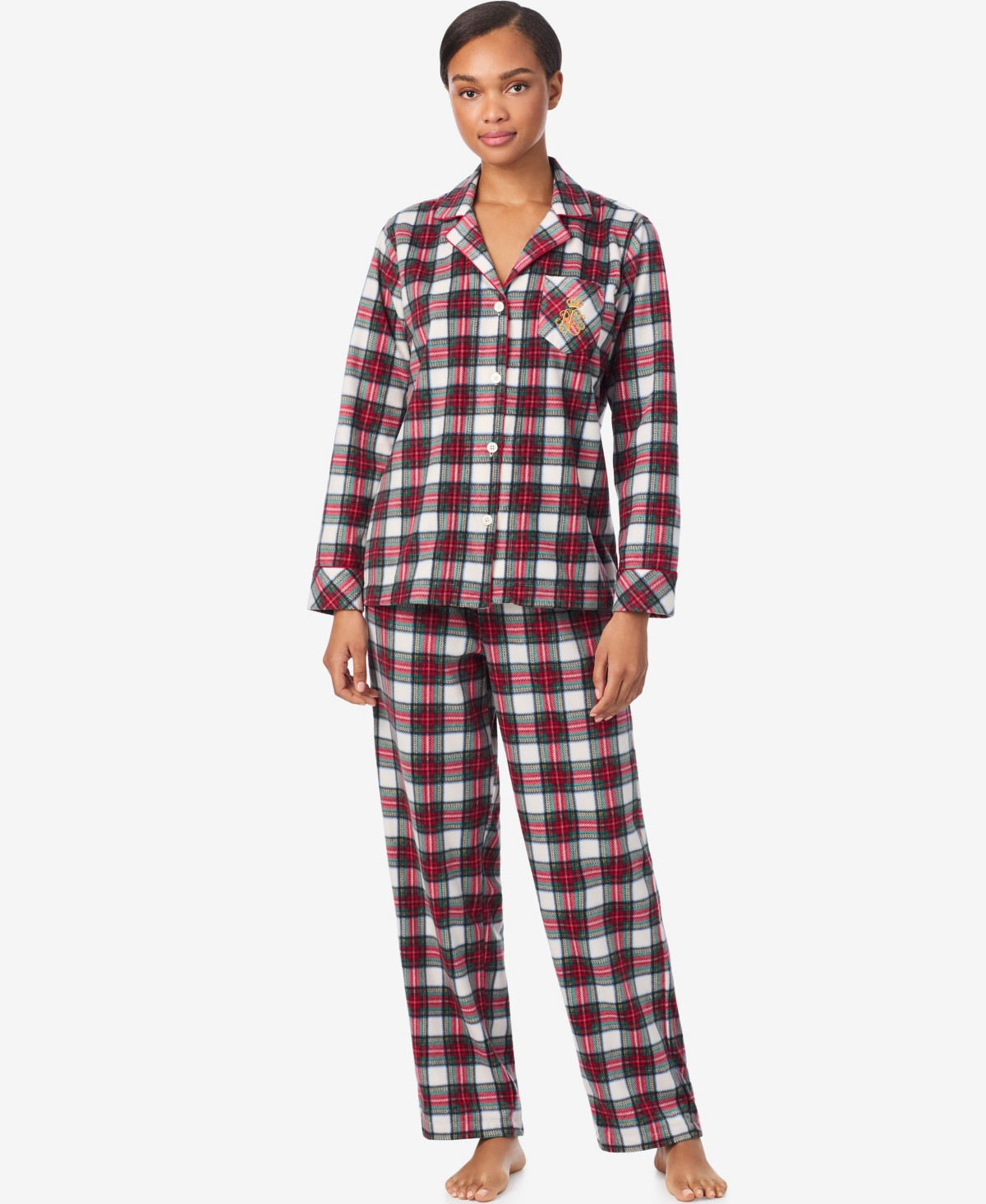 Lauren Ralph Lauren Women's Long Sleeves Notch Collar Pajama Set - Ivory plaid | Macy's