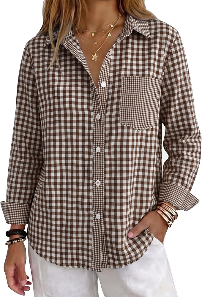 ANRABESS Womens Long Sleeve Button Down Gingham Striped Shirts | Amazon (US)