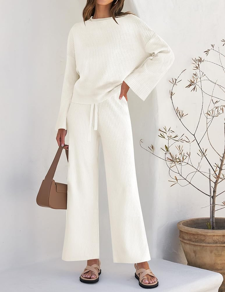 ZESICA Women's 2 Piece Outfits Set 2024 Casual Long Sleeve Knit Pullover Top and Wide Leg Pants S... | Amazon (US)