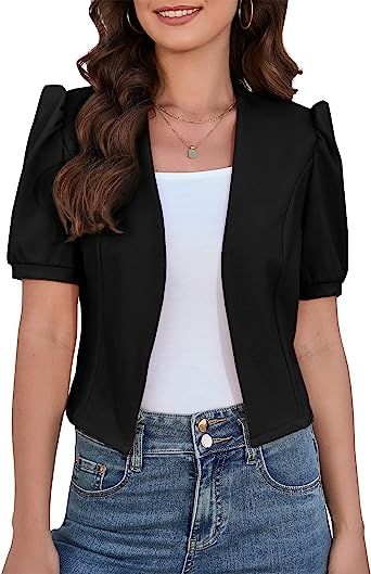 JoyJoy Women's Puff Sleeve Open Front Casual Blazer for Work Suit Office Bolero Jacket Cropped Ca... | Amazon (US)