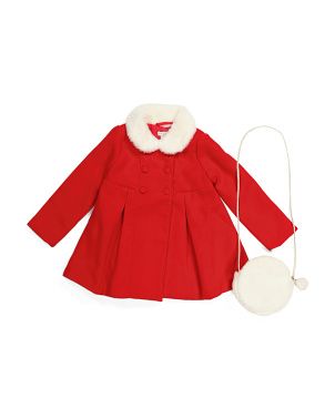 Toddler Girls Faux Fur Collar Melton Coat With Purse | TJ Maxx