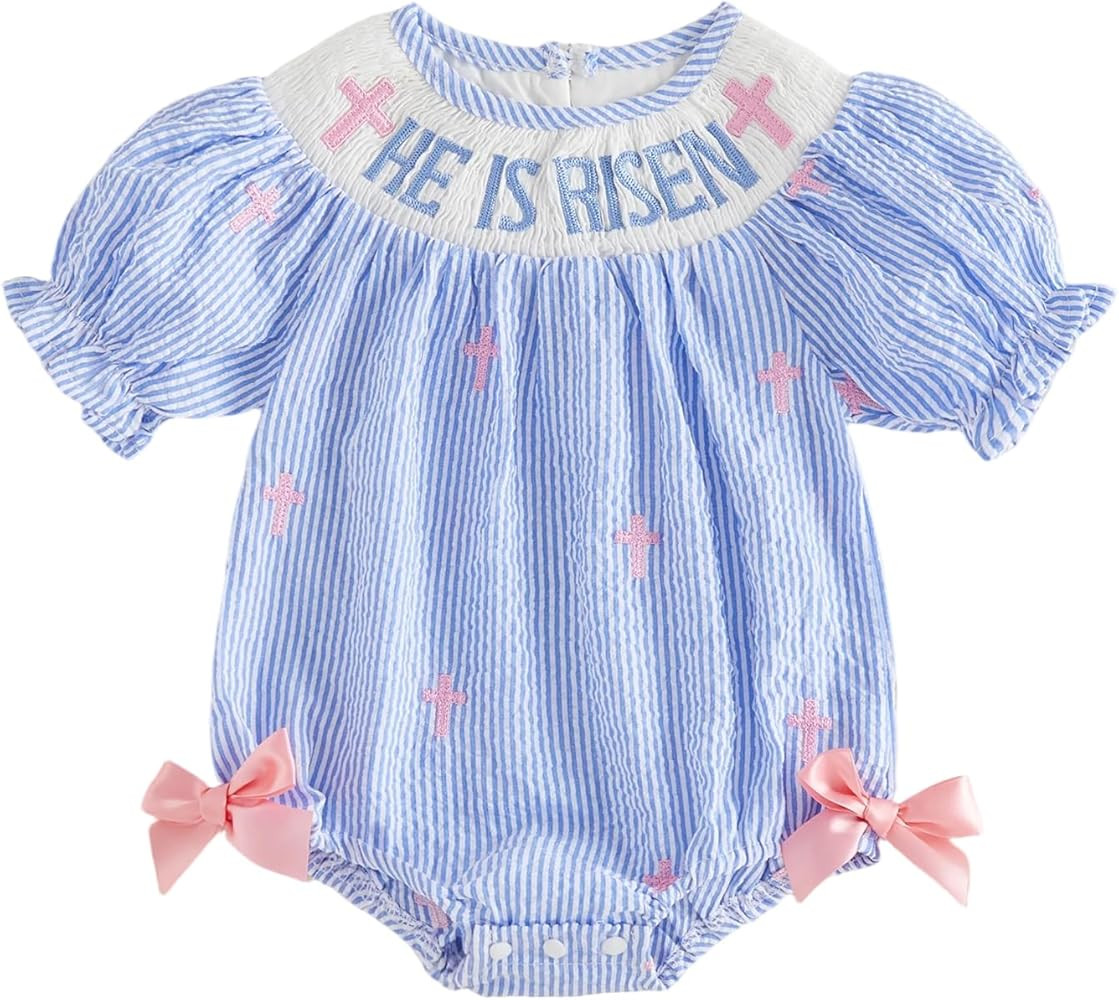 Newborn Baby Girl Easter Outfit He Is Risen Cross Embroidery Striped Smocked Bubble Romper Short ... | Amazon (US)